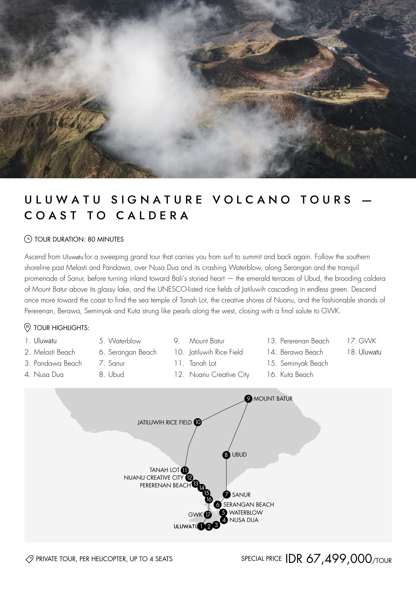 Uluwatu Signature Volcano Tours — Coast to Caldera. 80 minutes, private IDR 67,499,000 per helicopter for up to 4 guests. Route: Uluwatu, Melasti Beach, Pandawa Beach, Nusa Dua, Waterblow, Serangan Beach, Sanur, Ubud, Mount Batur, Jatiluwih Rice Field, Tanah Lot, Nuanu Creative City, Pererenan Beach, Berawa Beach, Seminyak Beach, Kuta Beach, GWK, Uluwatu.
